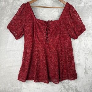 Womens Red Lace Square Neck Short Sleeve Peplum Top Corset Lace Up NWT 2x